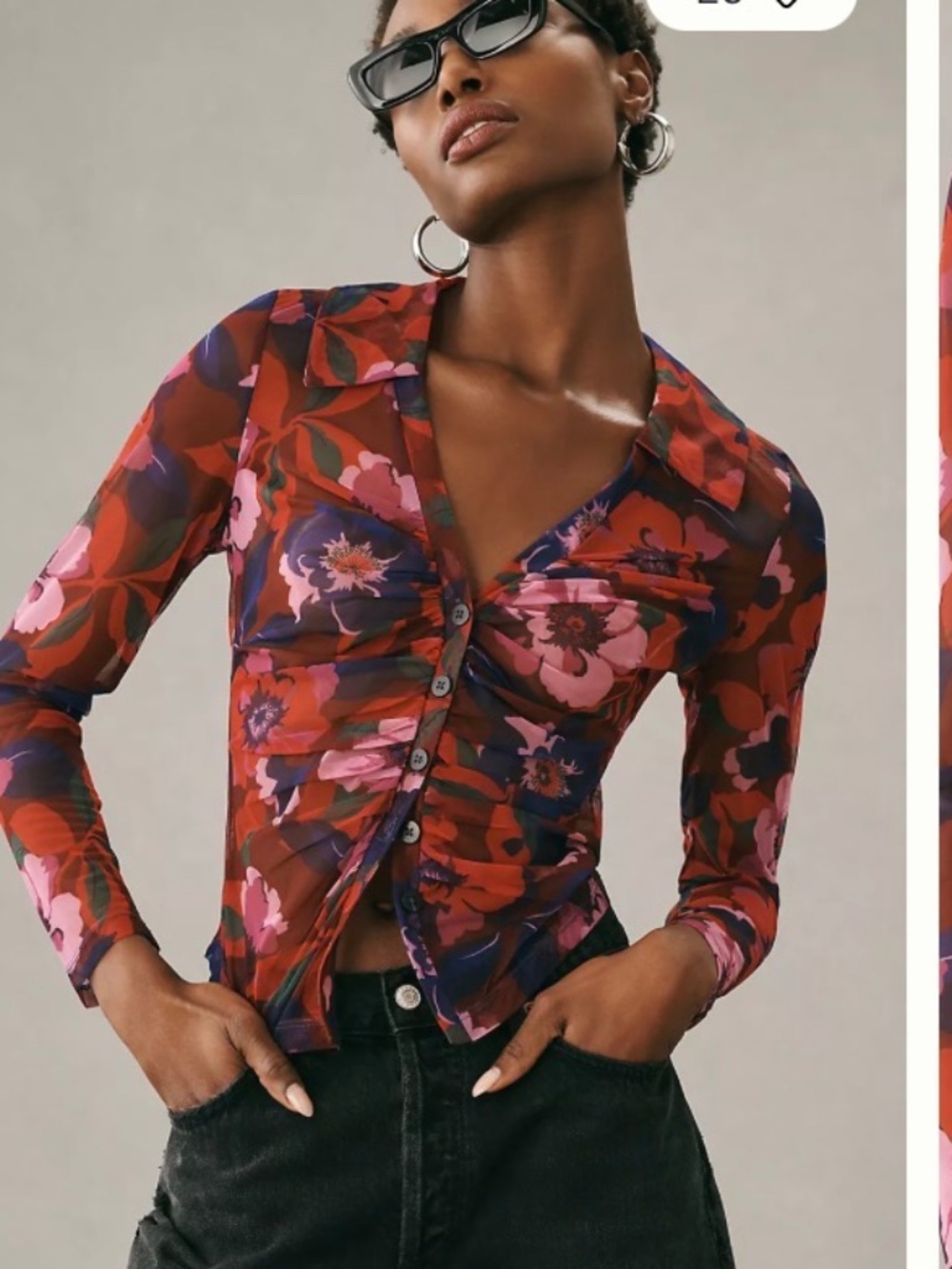 Maeve Anthropologie Sheer Ruched Mesh Floral Blouse XS